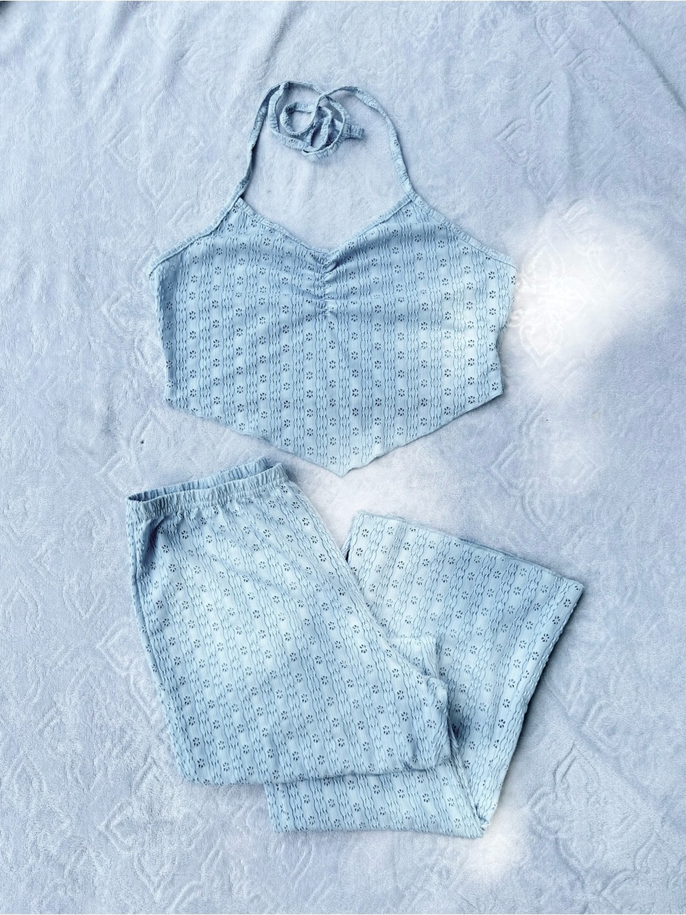 Light Blue Eyelet Wavy 2 Piece Crop Top & Wide Leg Pants Set L